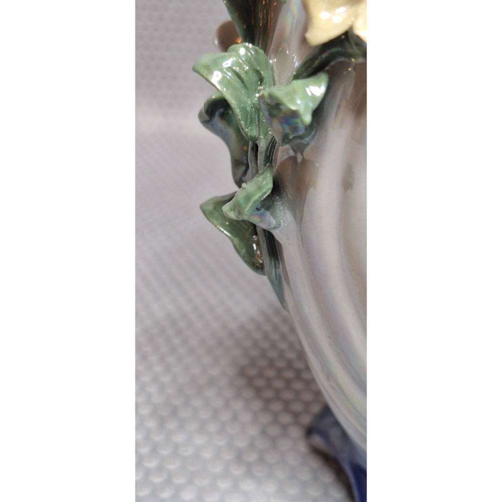 Vintage Lefton Porcelain 2 Handled 3D Floral Vases ~ 7" x 3" Blue Glazed - Picture 5 of 7